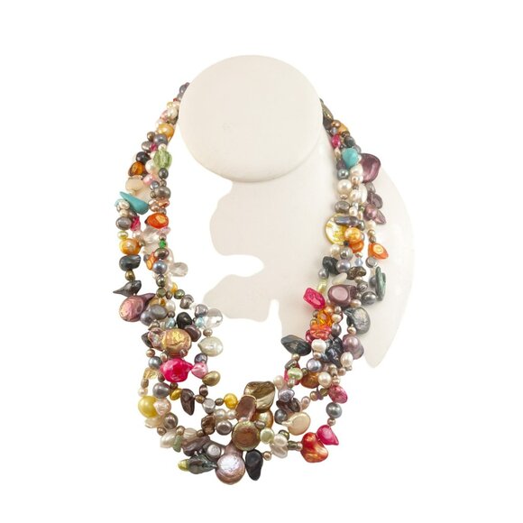 Multicolor Gemstone & Pearl Beaded Necklace Handmade Unique Statement Piece Mult - Picture 2 of 6